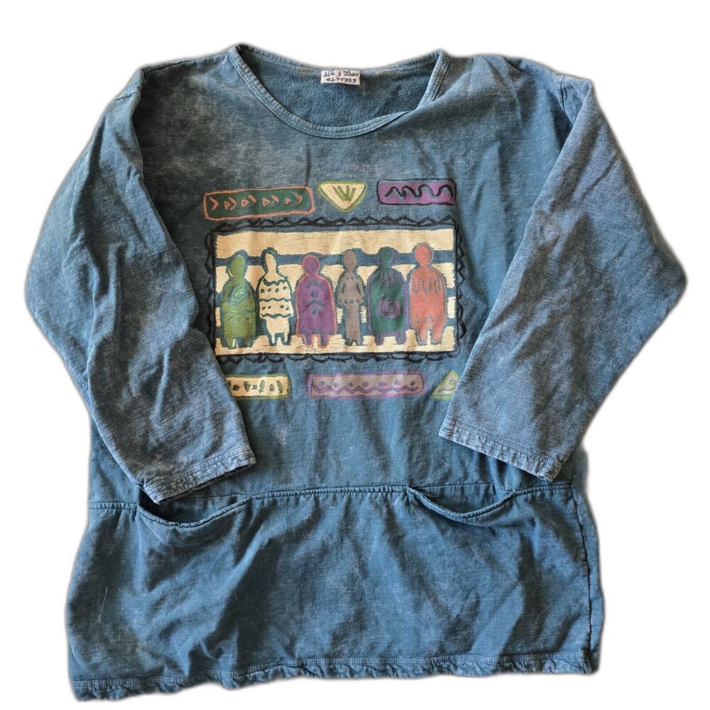 VINTAGE 90’s LIZ & JANE Clothes Blue OS Acidwash Sweater Pull Over USA Pockets